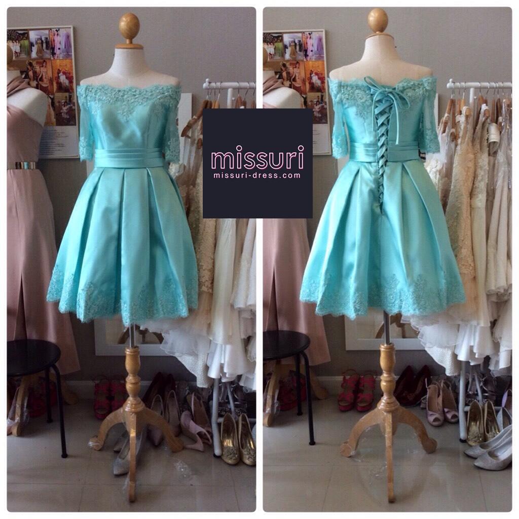 ชุดราตรีส้้น ผ้าไหมอิตาลี ปาดไหล่ แขนลูกไม้ครอเซ็ทหลัง