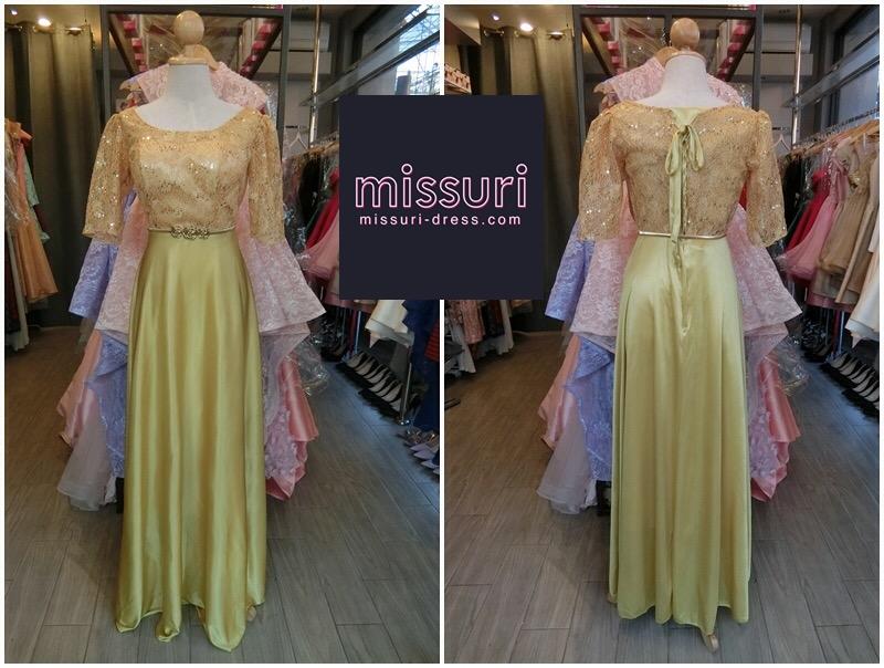 ชุดราตรียาวผ้าลูกไม้ประดับเลื่อมคอกลมแขนซีทรู 3 ส่วนกระโปรงซาติน