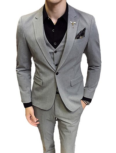 ชุดสูทชายไซส์ใหญ่ สีเทา ผ้า Wool หนึ่งกระดุม สูทคนอ้วน ทรง Slim Fit  ไปงานเเต่งาน งานบายเนียร์