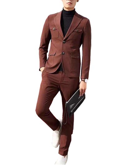 ชุดสูทสีเเดง ผ้าเรียบสไตล์วินเทจ แบบสองกระดุม ทรง Slim Fit งานเเต่งงาน งานบายเนียร์ งานรับรางวัล งานกาล่าดินเนอร์
