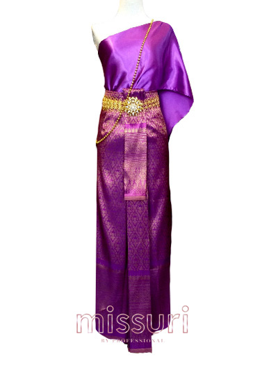 ชุดไทยสไบเฉียงสีม่วงผ้าถุงจีบหน้านางสีม่วง