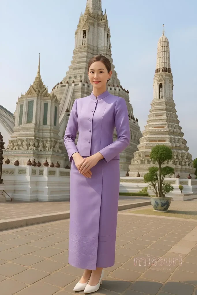 ชุดไทยจิตรลดาสีม่วง เสื้อพร้อมผ้าถุง ชุดเข้าเฝ้า ชุดไทยพระราชพิธี