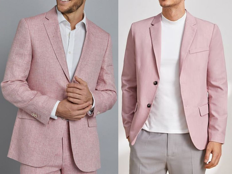เสื้อสูทสีชมพูผ้าเรียบจะใช้สำหรับเชิตขาวหรือเสื้อยืดขาว เน้นใช้งานกึ่งทางการ
