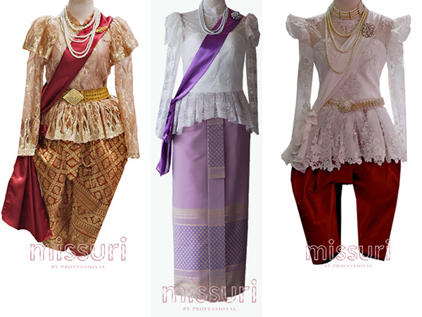 สไตล์ชุดไทยแบบประยุกต์จะเน้นเป็นแบบเสื้อลูกไม้แมทต์กับผ้าถุงหรือโจงกระเบน