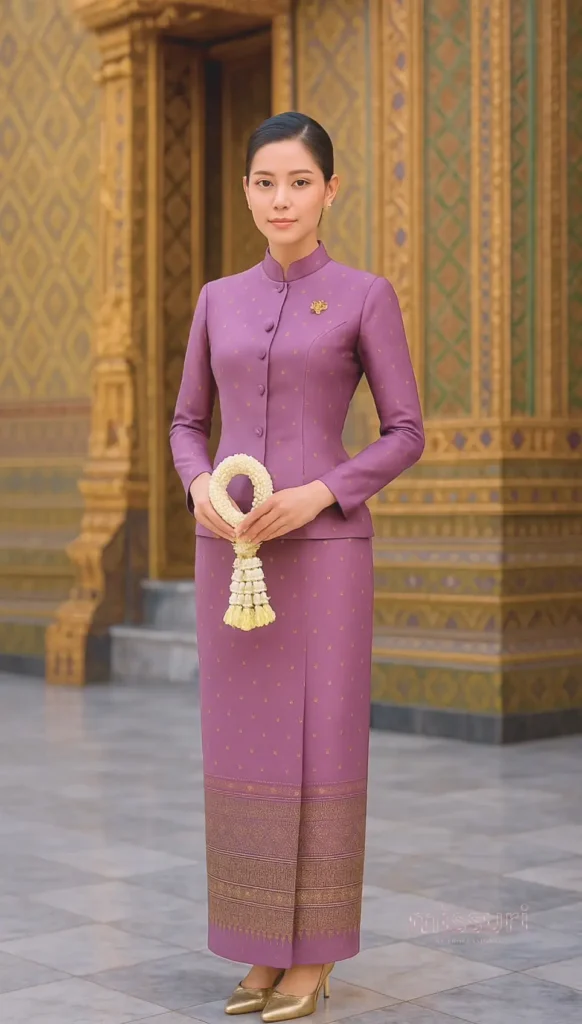 ชุดไทยจิตรลดาสีม่วง ชุดไทยงานเข้าเฝ้า งานบุญ แบบเรียบหรู