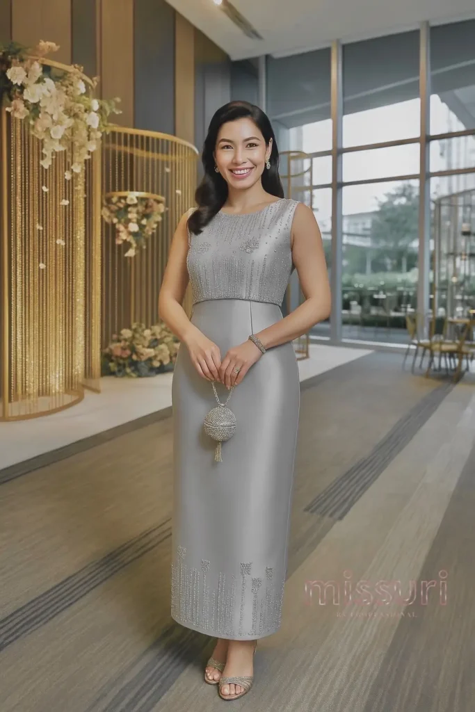 ชุดราตรีสีเทาเงินงานปักแบบเรียบหรู แขนกุด ชุดออกงานวัย 40 ปี